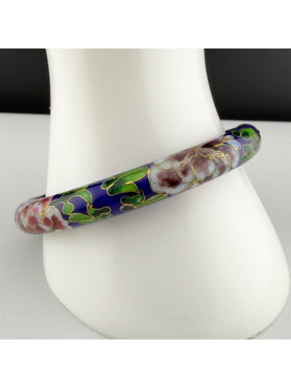 Vintage Cloisonne Floral Bangle Bracelet Hinged Blue 7.5"